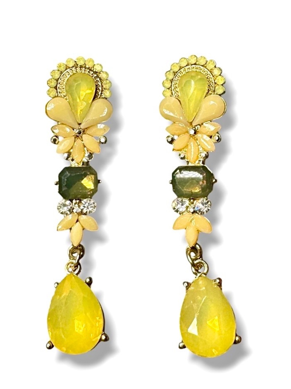 NEW Yellow Lime Rhinestones Floral Drop Earrings - Women Jewelry Costume